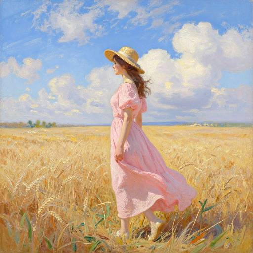 Photograph of a woman in a flowing pink dress and straw hat standing in a golden wheat field under a bright blue sky with fluffy clouds.