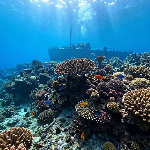 Photograph of vibrant underwater coral reef with various spiky corals, colorful fish, and a sunlit, blue-hued ocean background.