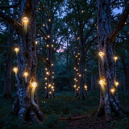 Photograph of a twilight forest with tall trees adorned with glowing orange fairy lights, creating a magical, enchanting atmosphere.