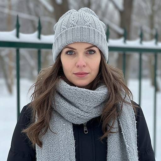 Photograph of a fair-skinned woman with brown hair, wearing a gray knit beanie and scarf, black coat, standing in a snowy outdoor setting