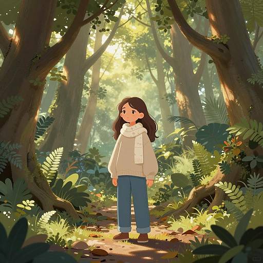 Young Girl in Sunlit Forest