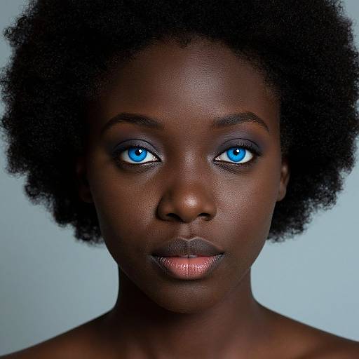 Photograph of a dark-skinned Black woman with striking blue eyes, natural afro hair, and glossy lips, against a light blue background.