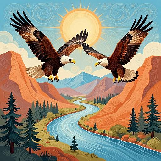 Digital illustration of two eagles mid-flight, wings spread, over a winding river in a vibrant, orange and blue mountain landscape. Sun shines brightly in