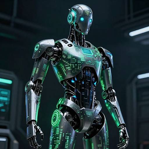 CGI image of a futuristic, metallic humanoid robot with glowing green and blue circuitry patterns, standing in a dark, high-tech laboratory.