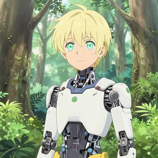 Anime-style digital drawing of a blonde-haired, blue-eyed boy with futuristic white and black armor in a sunlit forest.
