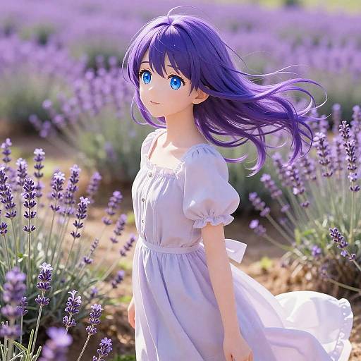 Anime-style digital illustration of a young girl with vibrant purple hair and blue eyes, wearing a white dress, standing in a lavender field under bright sunlight.