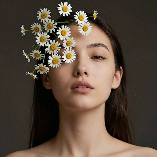 Photograph of an Asian woman with long black hair, nude shoulders, and neutral expression, with a cluster of white daisies covering her right eye