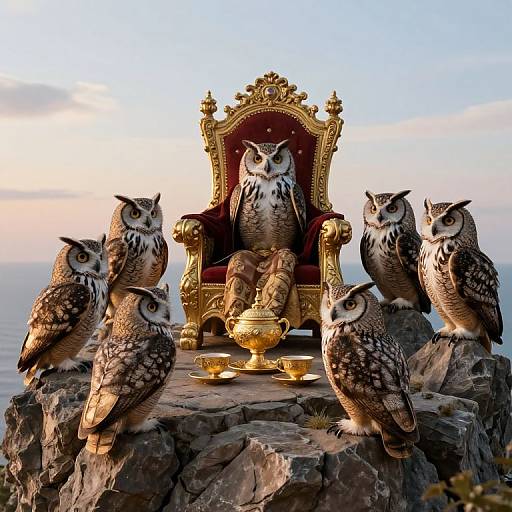 Owls in Ornate Armor at Throne