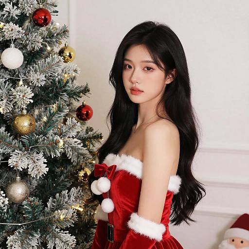 Photograph of an East Asian woman with long black hair in a red velvet, fur-trimmed Christmas dress, standing beside a decorated Christmas tree with