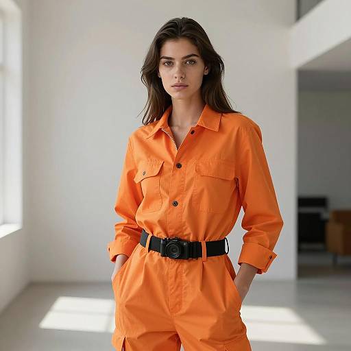 Woman in Orange Jumpsuit with Camera Belt