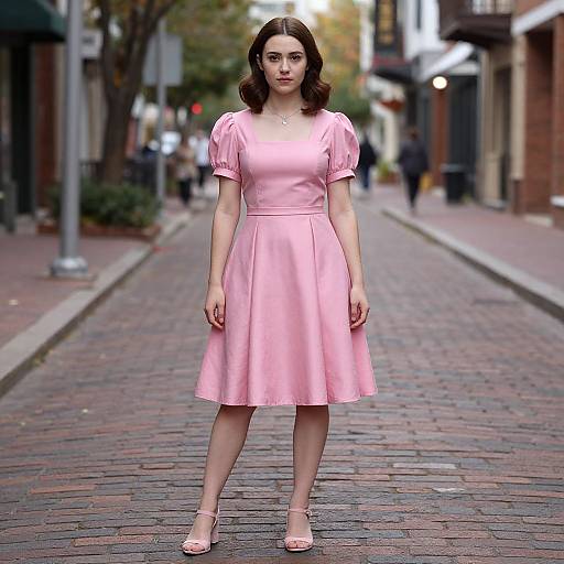 Photograph of a young woman with fair skin and brown hair in a pink, puffed-sleeve, knee-length dress and pink heels, standing