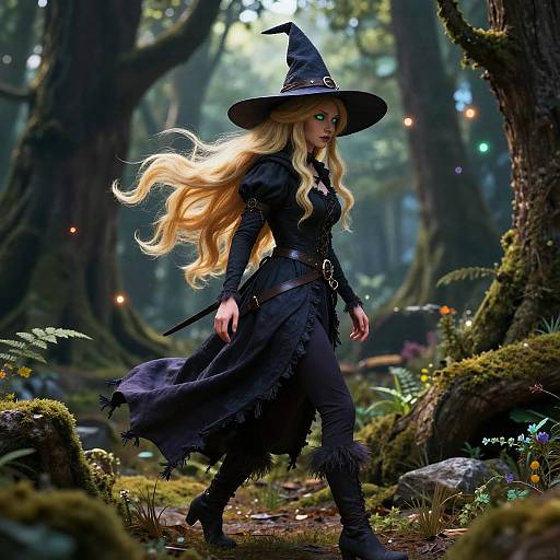 Digital artwork of a blonde witch with long hair, green eyes, wearing a black, tattered wizard hat and dress, walking through a mystical, enchanted