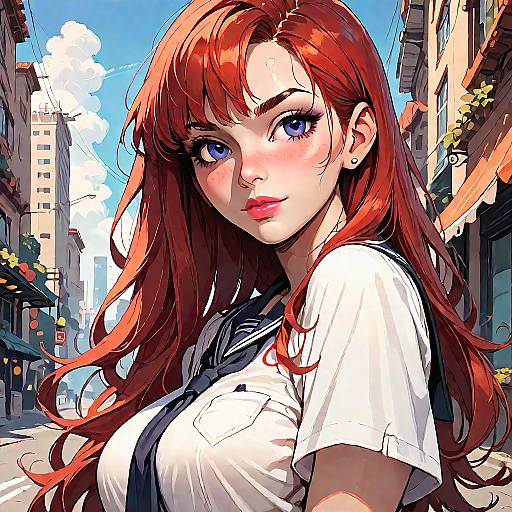 Digital anime-style drawing of a red-haired, blue-eyed woman with large breasts, wearing a white shirt and blue sailor collar, standing in a sunlit
