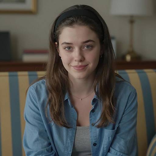 Young Woman Smiling on Striped Couch