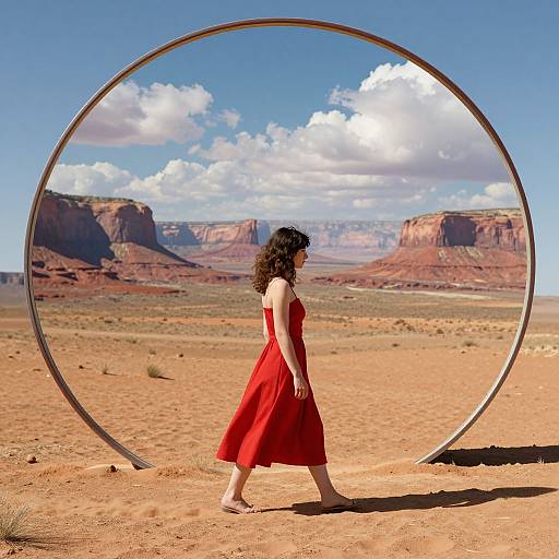 Photograph of a curly-haired woman in a red dress walking through a desert, framed by a large circular metal ring, with red rock formations and blue