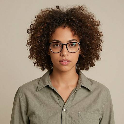 Photograph of a young woman with curly dark hair, wearing black-rimmed glasses and a green button-up shirt, against a plain white background.