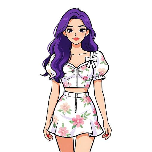 Digital anime-style drawing of a young woman with long purple hair, wearing a white floral crop top and matching skirt, standing against a plain white background.