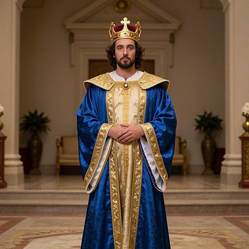 Photograph of a bearded man with dark hair, wearing a gold crown, blue and gold royal robe, standing in an ornate, classical hall