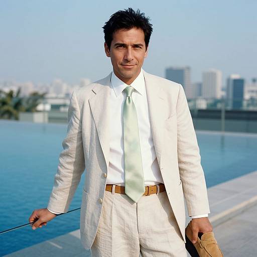 Photograph of a confident man in a white suit, green tie, and tan belt, standing by an infinity pool with a cityscape background.