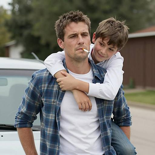 Father with Cigarette and Son Embracing Outdoors