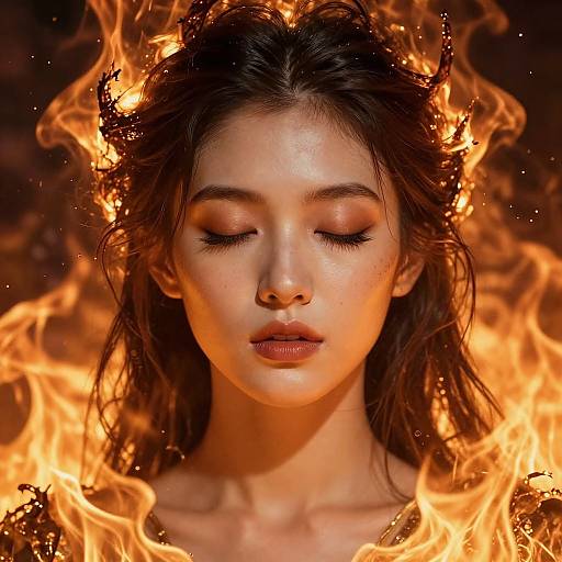 Photograph of a serene young woman with closed eyes, surrounded by intense, bright orange flames that frame her face. Her dark hair is slightly dishe
