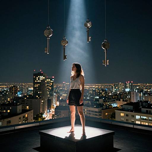Photograph: Silhouetted woman with long brown hair, white tank top, and black skirt, standing on illuminated rooftop stage, under hanging key