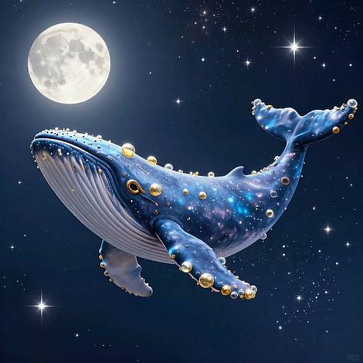 Whimsical Cosmic Whale with Gold Bubbles