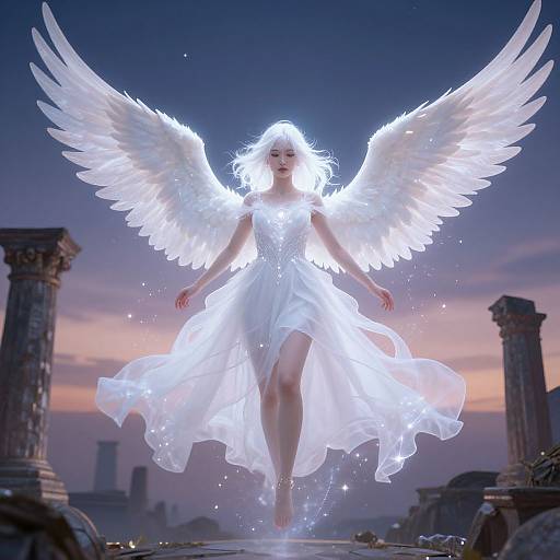Digital artwork of a glowing white angel with large wings, flowing dress, and glowing halo, flying over a ruined city at sunset.