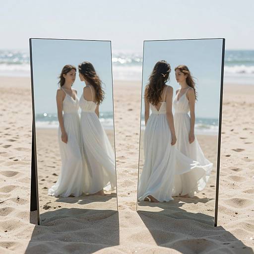 Photograph of a brunette woman in a flowing white dress, standing on a sunny beach, reflected in two tall mirrors side-by-side.