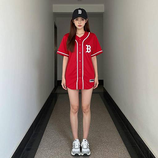 Young Woman in Red Baseball Jersey and Cap