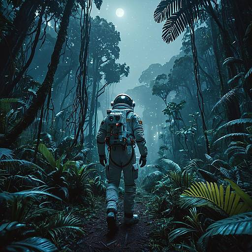 Astronaut Exploring Alien Jungle at Twilight
