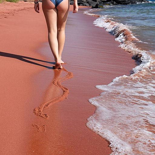 Photograph of a woman in a blue bikini walking barefoot on a red sandy beach, leaving footprints, with ocean waves on the right.