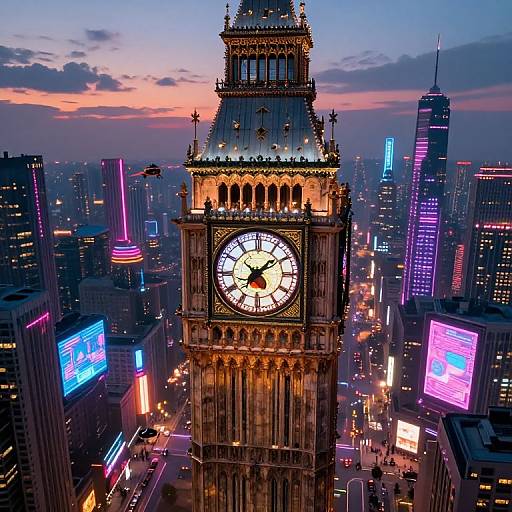 Photograph of London's illuminated Big Ben clock tower at dusk, surrounded by vibrant neon-lit skyscrapers in a bustling cityscape.
