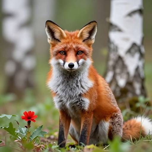 Photograph of a vibrant red fox with white chest and black-tipped ears, sitting in a forest with a red flower and birch trees in the