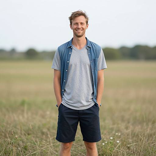 Cheerful Man in Summer Field Pose