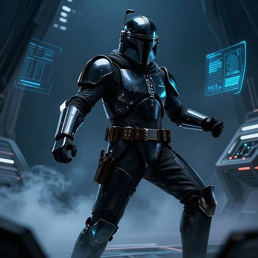 Photorealistic digital artwork of a muscular armored figure in a sleek, black suit with a helmet, standing in a futuristic, blue-lit room with