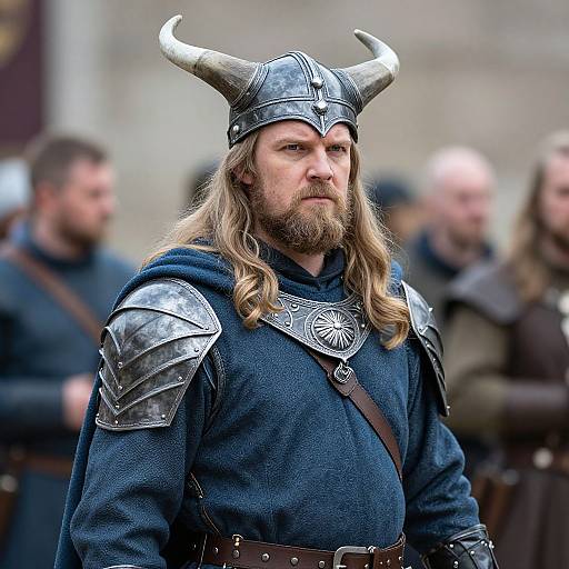 Photograph of a bearded Viking warrior with long blonde hair, wearing a metal horned helmet, blue tunic, and silver armor, standing among