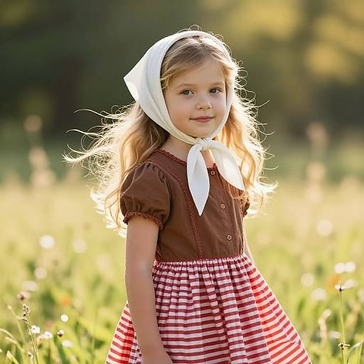 Photograph of a young girl with light brown hair, wearing a white headscarf, brown short-sleeve blouse, and red-and-white striped