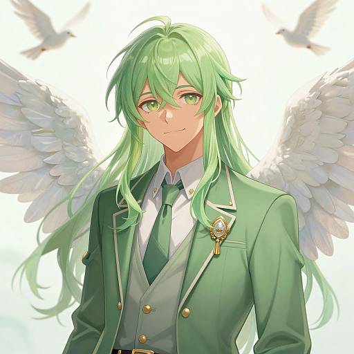 Anime-style digital drawing of a green-haired, green-eyed male angel with white wings, wearing a green suit, white shirt, and green tie. Background