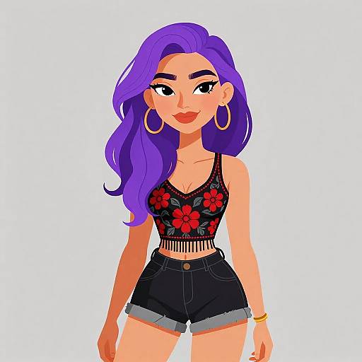 Digital illustration of a confident woman with long purple hair, wearing a black floral crop top, high-waisted denim shorts, large gold hoop earrings,