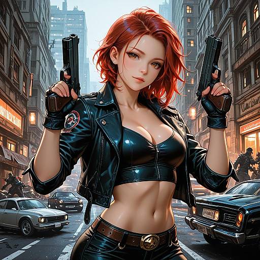 Red-haired Woman Dual Wielding Guns in City Street