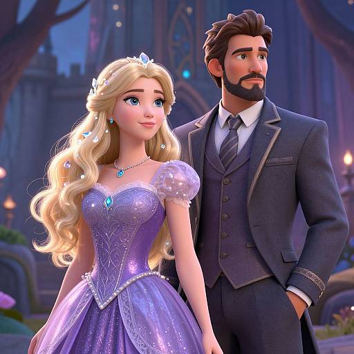 Digital artwork of a blonde princess in a lavender gown and tiara, standing beside a bearded man in a dark suit, in front of a castle
