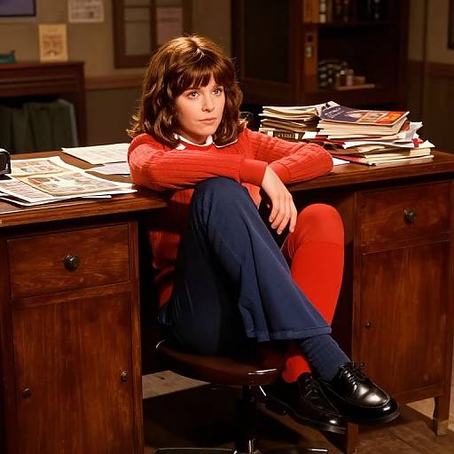 Photograph of a young woman with brown hair, red sweater, and red tights, sitting on a wooden desk piled with books and papers, in