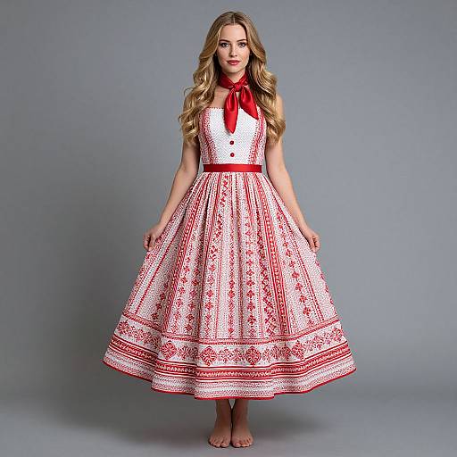 Blonde Woman in Red and White Dress