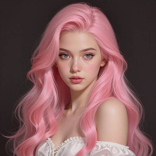 Digital portrait of a young woman with long, wavy pink hair, fair skin, and blue eyes, wearing an off-shoulder white blouse against