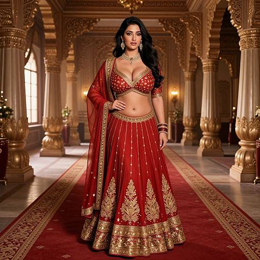 Photograph of a beautiful South Asian woman with long black hair, wearing a red and gold traditional lehenga choli, standing in a luxurious, orn