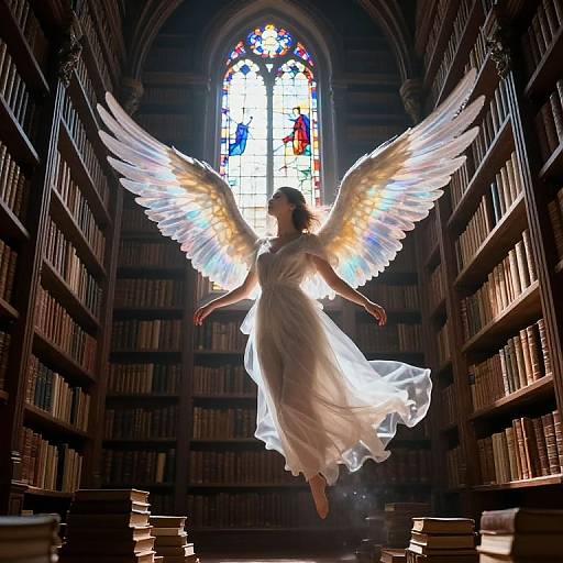 Photograph of a glowing, white-winged angel in a flowing white gown, floating between dark bookshelves in a library with a colorful stained glass
