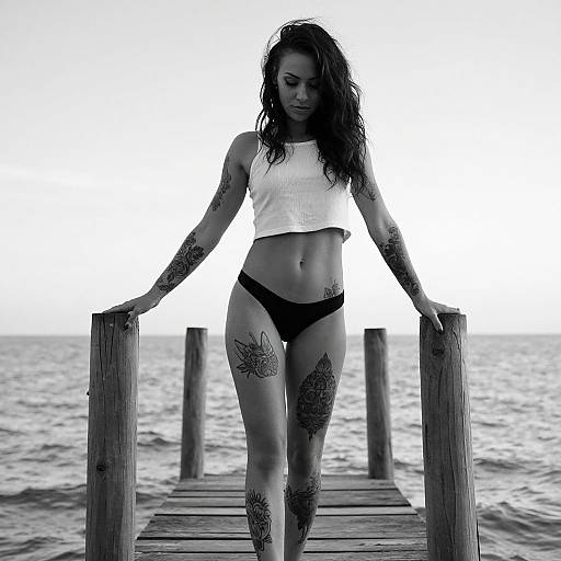 Tattooed Woman on Wooden Dock