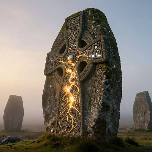 Photograph of a glowing, ancient Celtic stone cross standing in a misty, foggy moorland with two other stone monuments in the background.