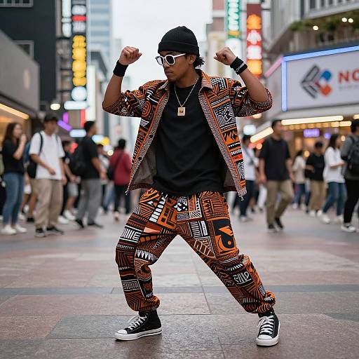 Photograph of a young Black man in a vibrant, patterned orange and black outfit, black beanie, white sunglasses, and black sneakers, striking